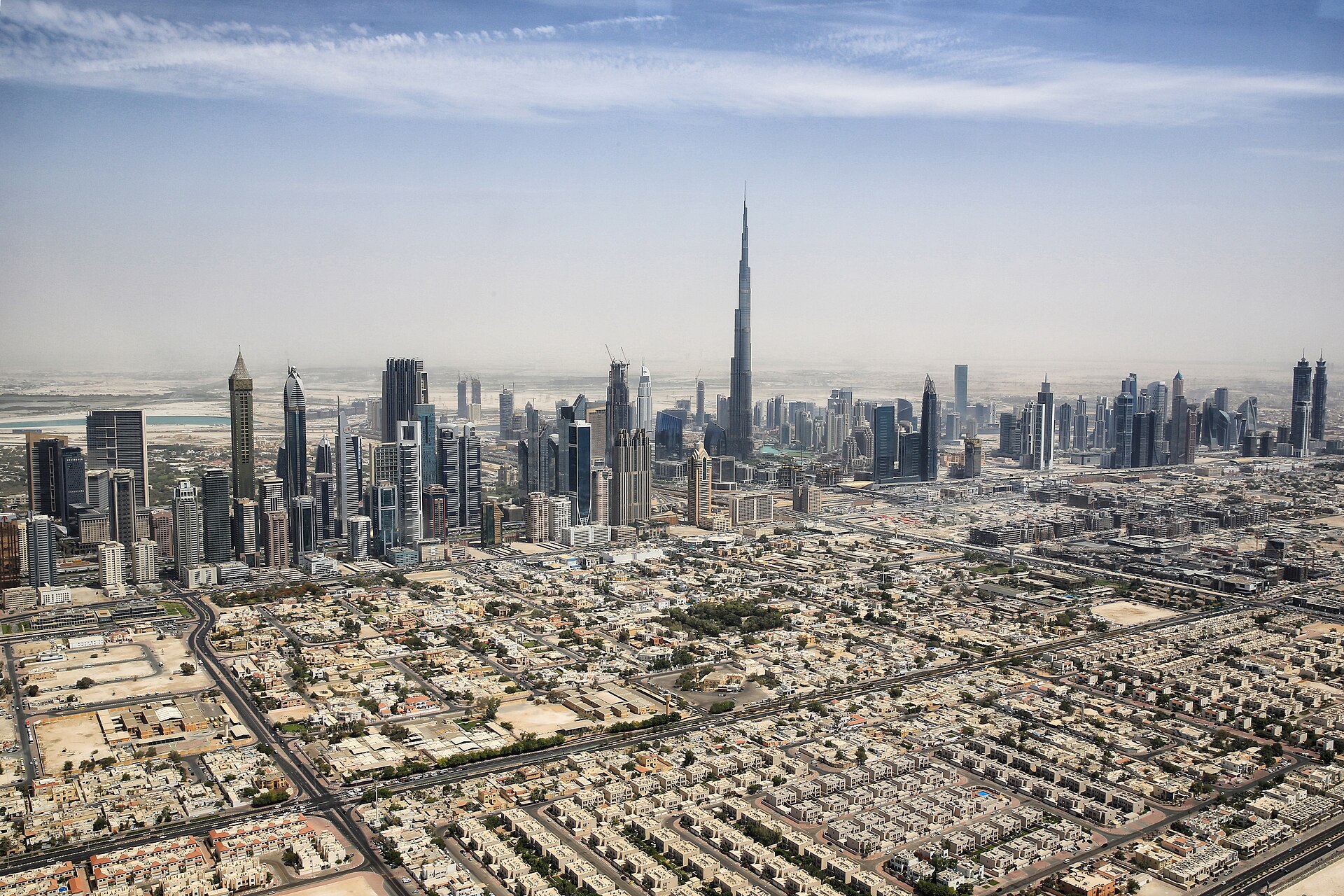 Aerial view of the Dubai skyline with Burj Khalifa